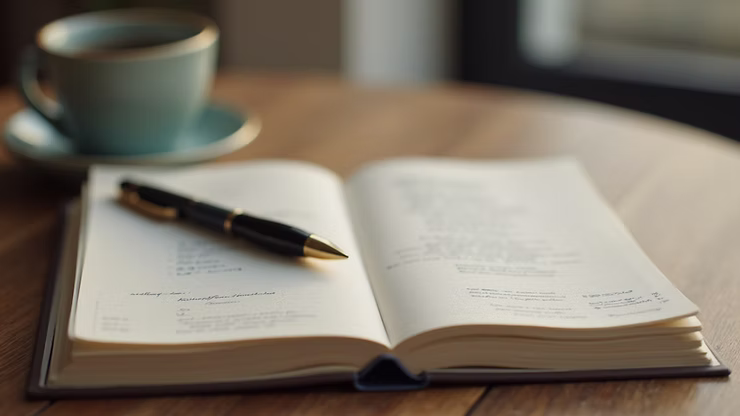 Journal and pen used for mindfulness reflection and self-awareness practice