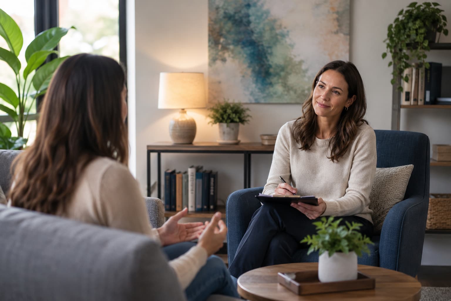 Professional therapist listening attentively to a client during a counseling session in a warm, comfortable therapy office with natural light, plants, and calming decor.