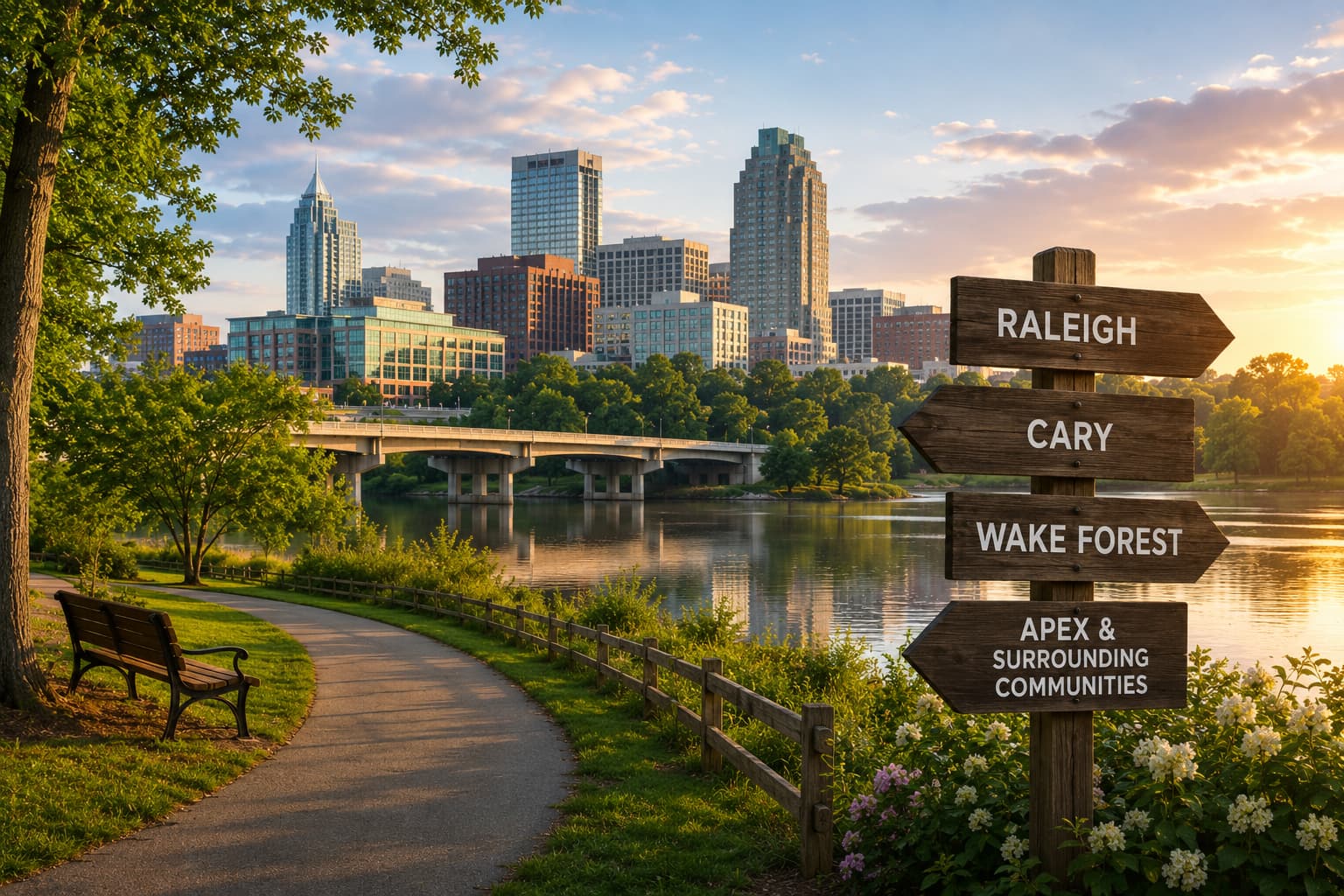 Scenic view representing therapy services across the Triangle region, featuring a peaceful riverside pathway, city skyline, and welcoming community atmosphere in Raleigh, Cary, Wake Forest, and surrounding areas.