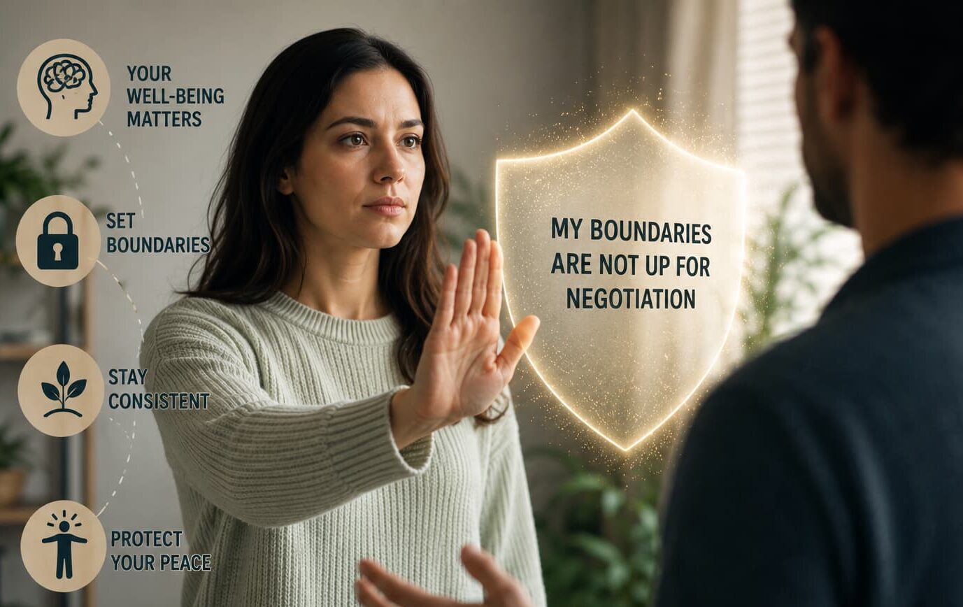 Woman confidently setting a personal boundary by holding up her hand during a conversation, symbolizing self-respect and healthy relationship boundaries.