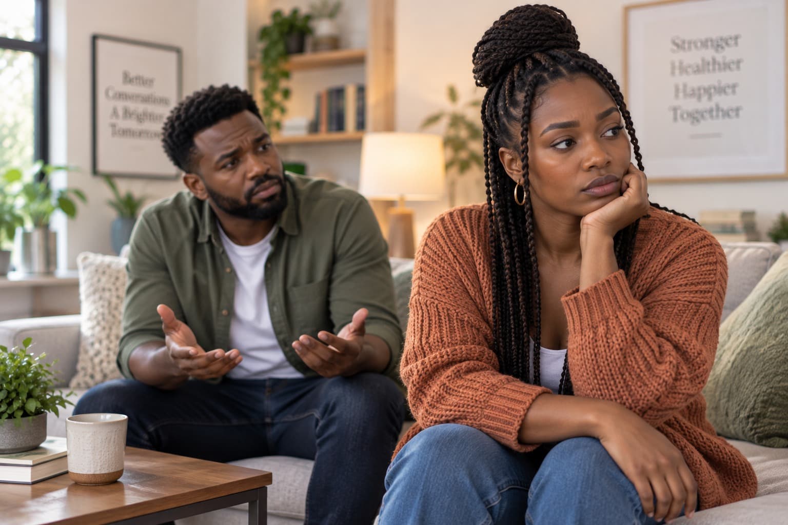 Couple having a serious conversation about relationship conflict and communication at home