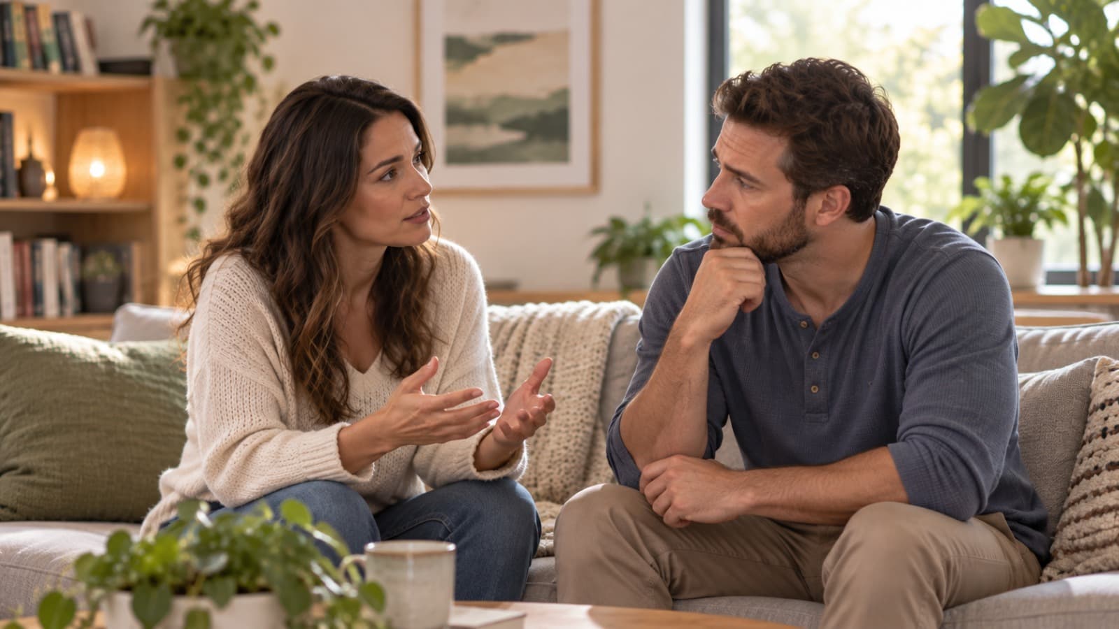 empathy-without-excusing-behavior-couple-communication Couple having a calm conversation on a living room sofa about empathy, communication, and healthy relationship boundaries.