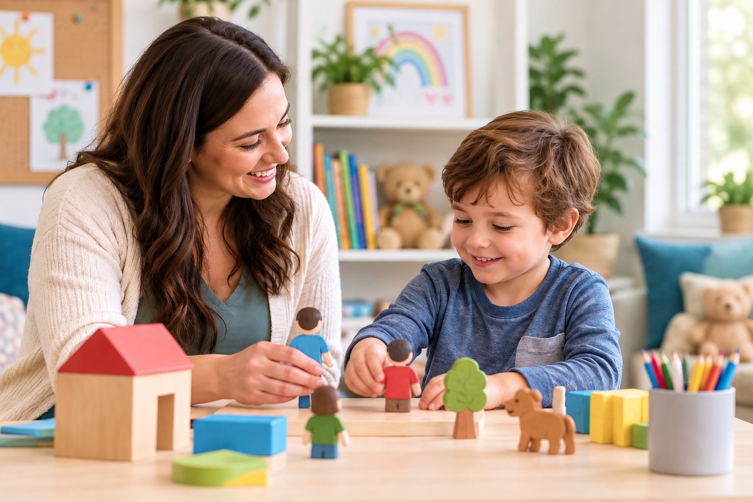 play-therapy-child-therapist Child participating in play therapy with a therapist using toys and figures