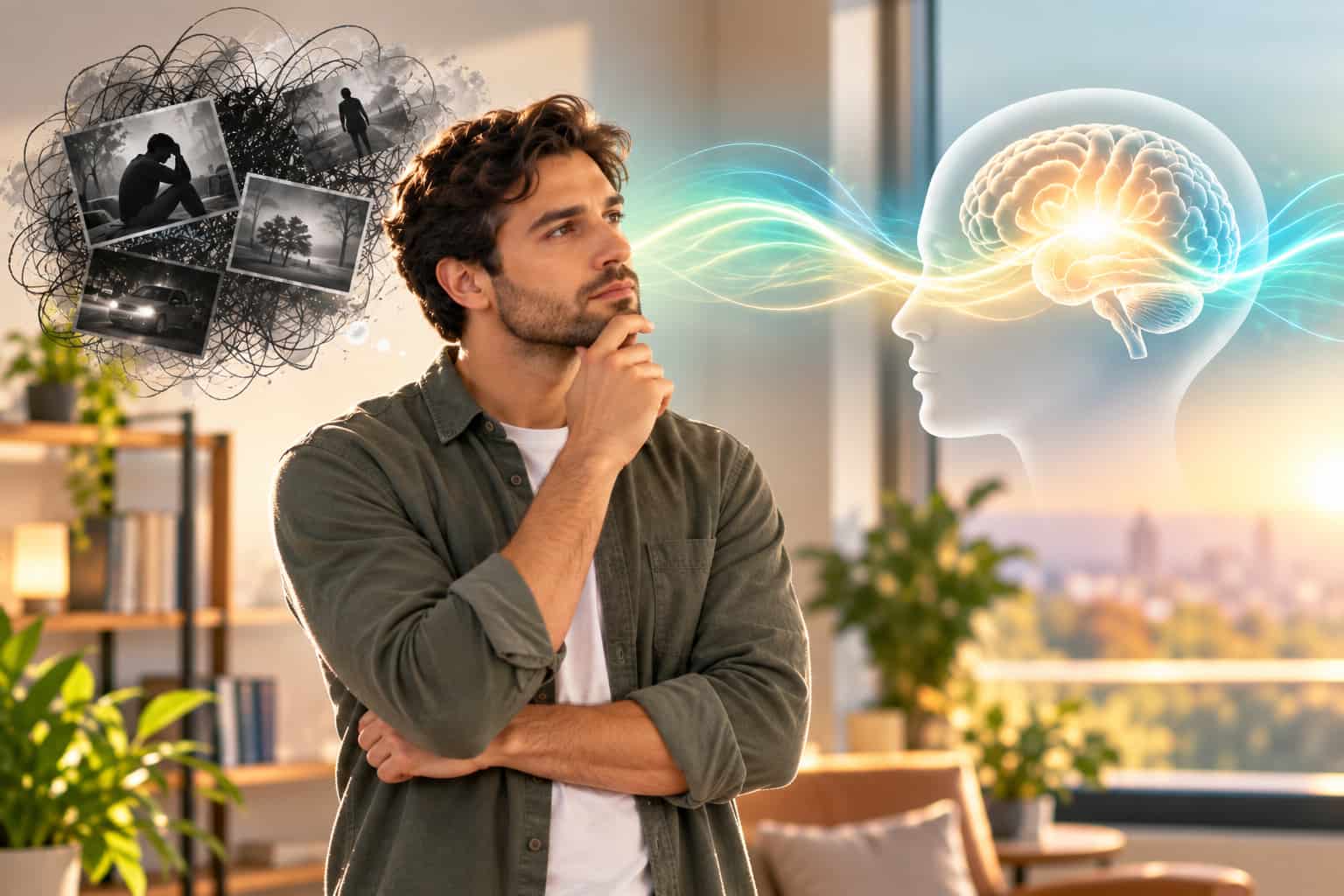 ChatGPT Image Oct 2, 2026, 05_52_45 PM Man standing thoughtfully in a modern room with a glowing brain representing trauma processing and EMDR therapy, alongside visual imagery of difficult memories.